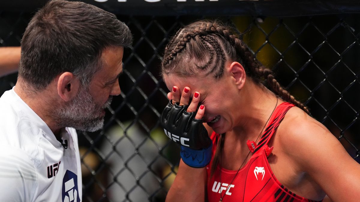 LAS VEGAS, NEVADA - JUNE 04: Karolina Kowalkiewicz of Poland reacts after her submission victory over Felice Herrig in a strawweight fight during the UFC Fight Night event at UFC APEX on June 04, 2022 in Las Vegas, Nevada. (Photo by Chris Unger/Zuffa LLC)