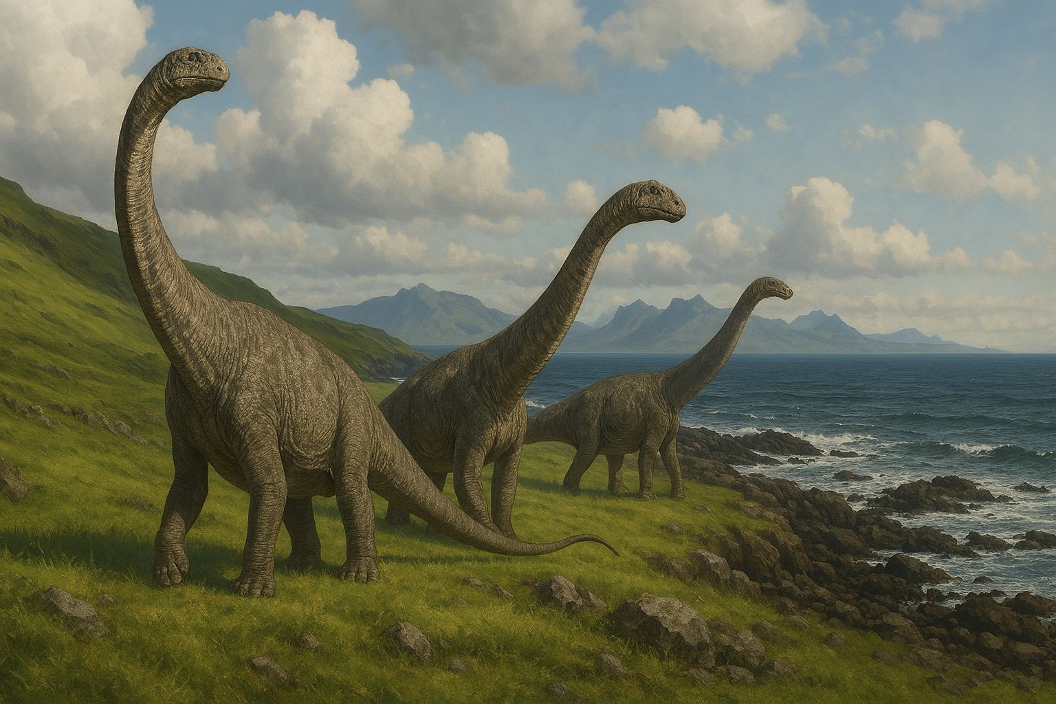 Dinozaury z gatunku neozauropodów, podobne do cetiozaura (AI)