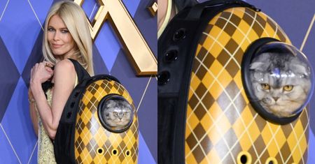 Claudia Schiffer przyszła na ściankę z kotem zamkniętym w PLASTIKOWYM PLECAKU! Internauci grzmią: "TO OKRUTNE" (ZDJĘCIA)