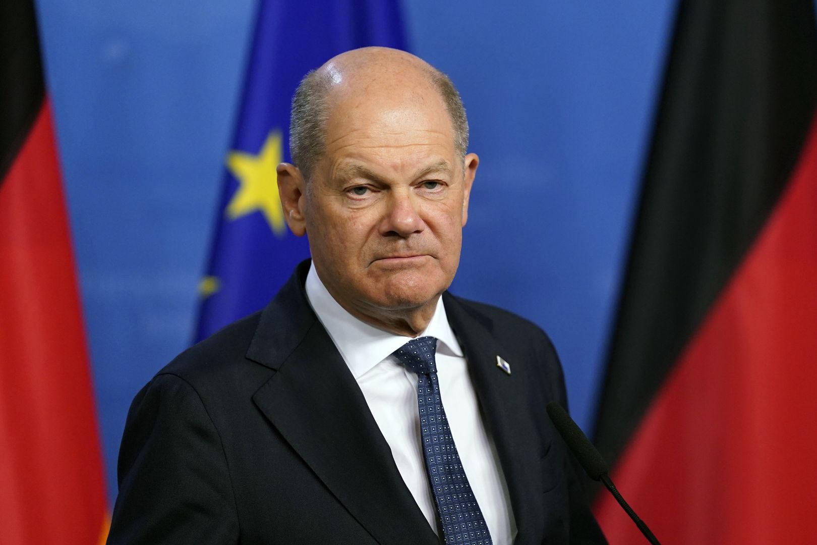 BRUSSELS, BELGIUM - MARCH 20:  German Chancellor Olaf Scholz attends a news conference during the European Council Meeting on March 20, 2025 in Brussels, Belgium. (Photo by Pier Marco Tacca/Getty Images)