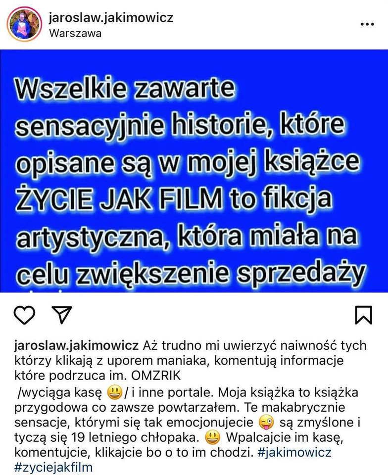 Wpis Jarosława Jakimowicza na Instagramie