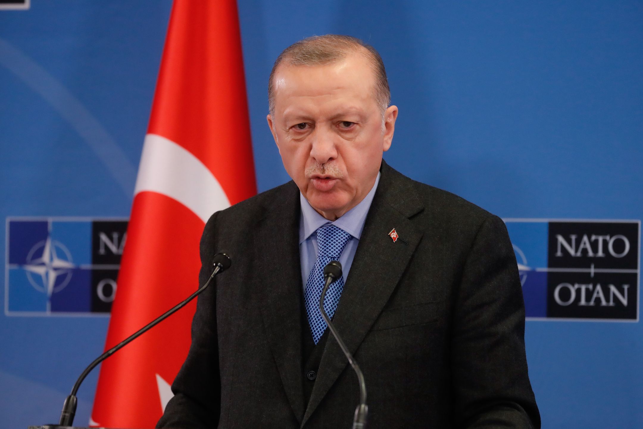 Turkish President Recep Tayyip Erdogan gives a press conference at the end of a Group of Seven (G7) Leaders meeting at the Alliance headquarters in Brussels, Belgium, 24 March 2022. EPA/STEPHANIE LECOCQ Dostawca: PAP/EPA.