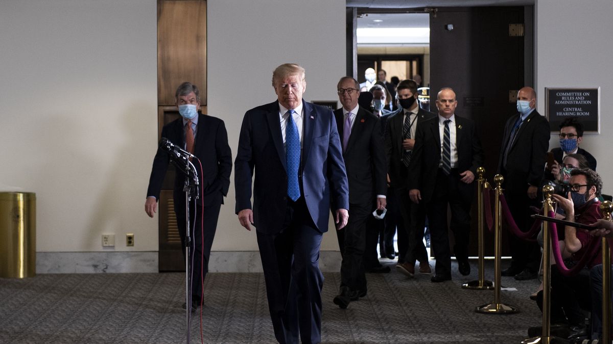 UNITED STATES - MAY 19: President Donald Trump departs from a Senate Republican Policy Luncheon in Hart Building on Tuesday, May 19, 2020. (Photo by Caroline Brehman/CQ-Roll Call, Inc via Getty Images)