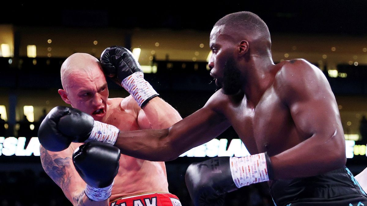 LONDON, ENGLAND - FEBRUARY 27: Lawrence Okolie punches Michal Cieslak during the WBO World Cruiserweight Title fight between Lawrence Okolie and Michal Cieslak at The O2 Arena on February 27, 2022 in London, England. (Photo by James Chance/Getty Images)