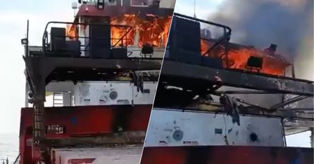 Tankowiec stanął w ogniu. Został trafiony "nieznanym pociskiem"