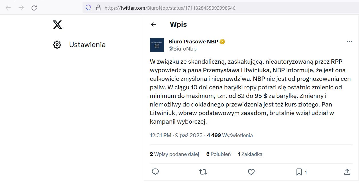 Sporny wpis biura prasowego NBP na platformie X został usnięty