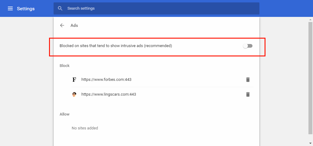 Ustawienia reklam w Chrome dla komputerów. Źródło: bleepingcomputer.com