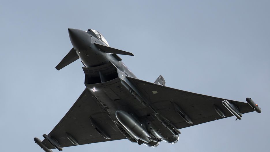 CONINGSBY, ENGLAND - MAY 16: A British Royal Air Force Eurofighter Typhoon fighter aircraft flies at RAF Coningsby on May 16, 2023 in Coningsby, England. RAF Coningsby is home to three front-line Eurofighter Typhoon FGR4 units, No. 3 Squadron, No. 11 Squadron and No. 12 Squadron. It is also the training station for Typhoon pilots. (Photo by Christopher Furlong/Getty Images)