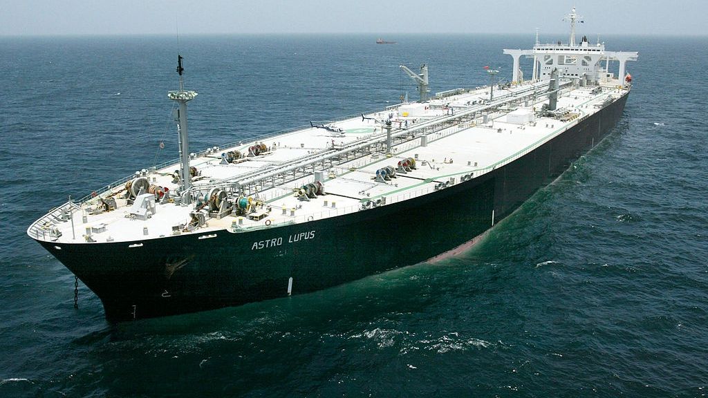 Russian Oil Headed For U.S.AT SEA - JULY 3:  The Greek supertanker Astro Lupus lies anchored July 3, 2002 about 65 miles off the coast of Galveston, Texas. The supertanker is carrying a 200,000-metric ton shipment of Russian oil being  shipped directly to the United States. It is the first  shipment of oil between the former Cold War adversaries.  (Photo by Craig H. Hartley/POOL/Getty Images)Pool407485 YUKOS ship Russia Oil money energy economy commerce boat