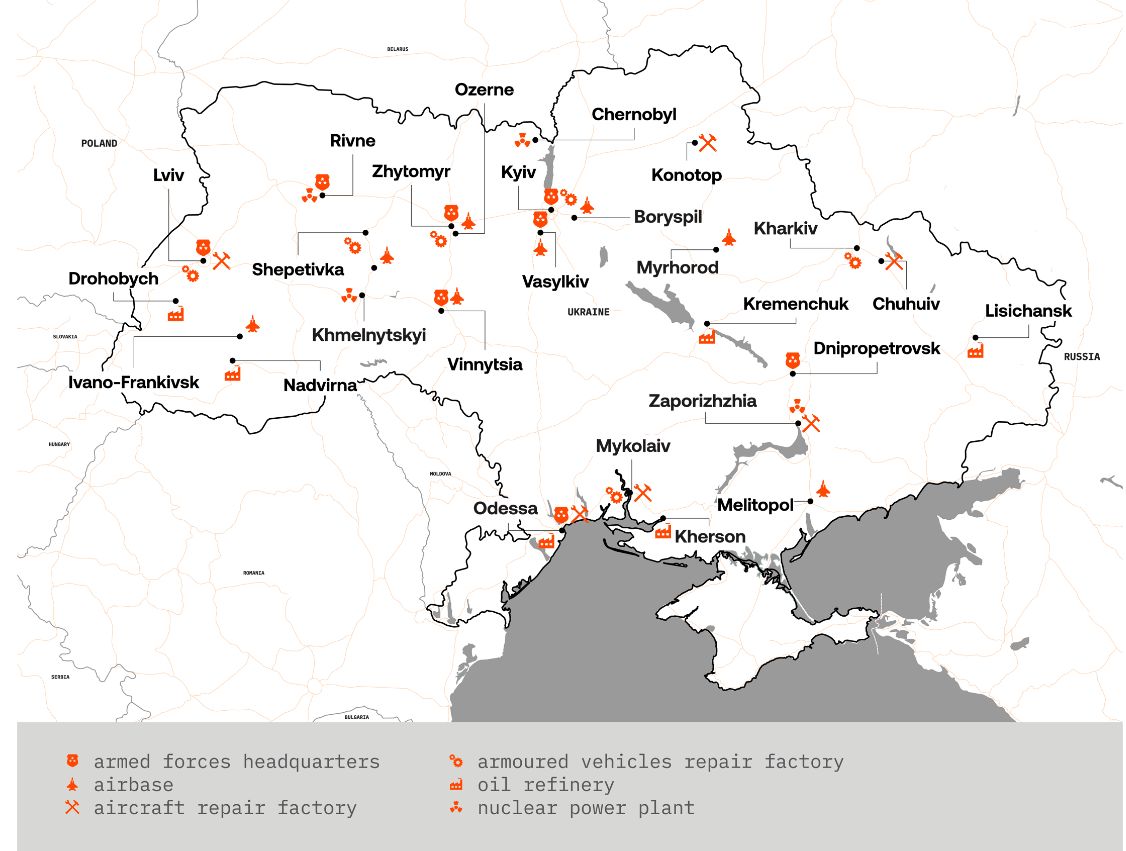 Mapa przedstawiająca strategiczne cele na Ukrainie