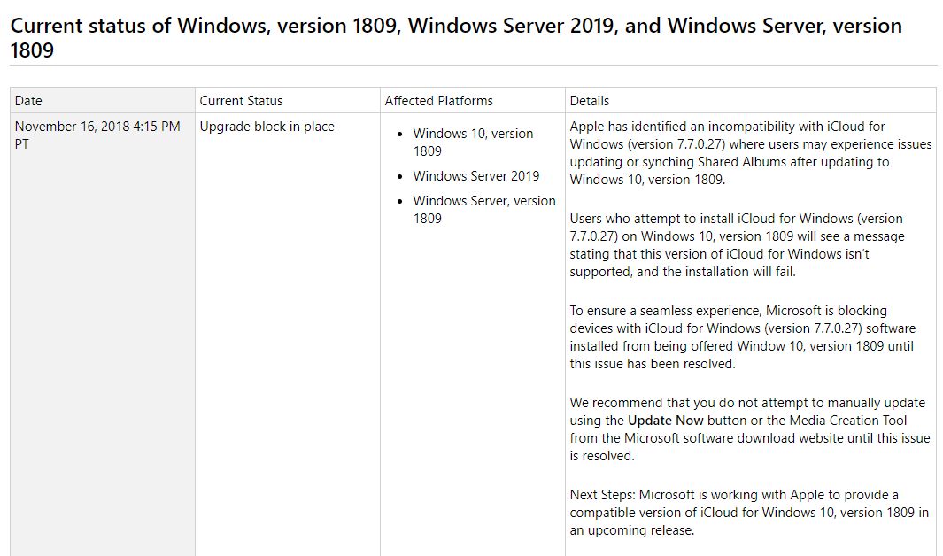 Fragment tabeli z błędami Windowsa 10 1809, źródło: Microsoft.