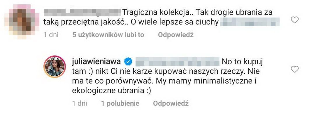 Internautki krytykują kolekcję Julii Wieniawy. Celebrytka zabrała głos