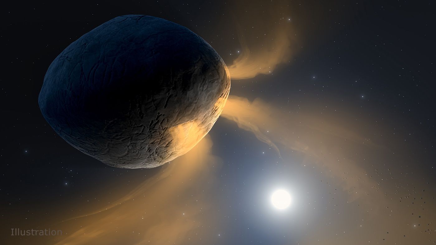 Wyobrażenie asteroidy 3200 Phaeton i wydobywających sie z niej obłoków sodu.