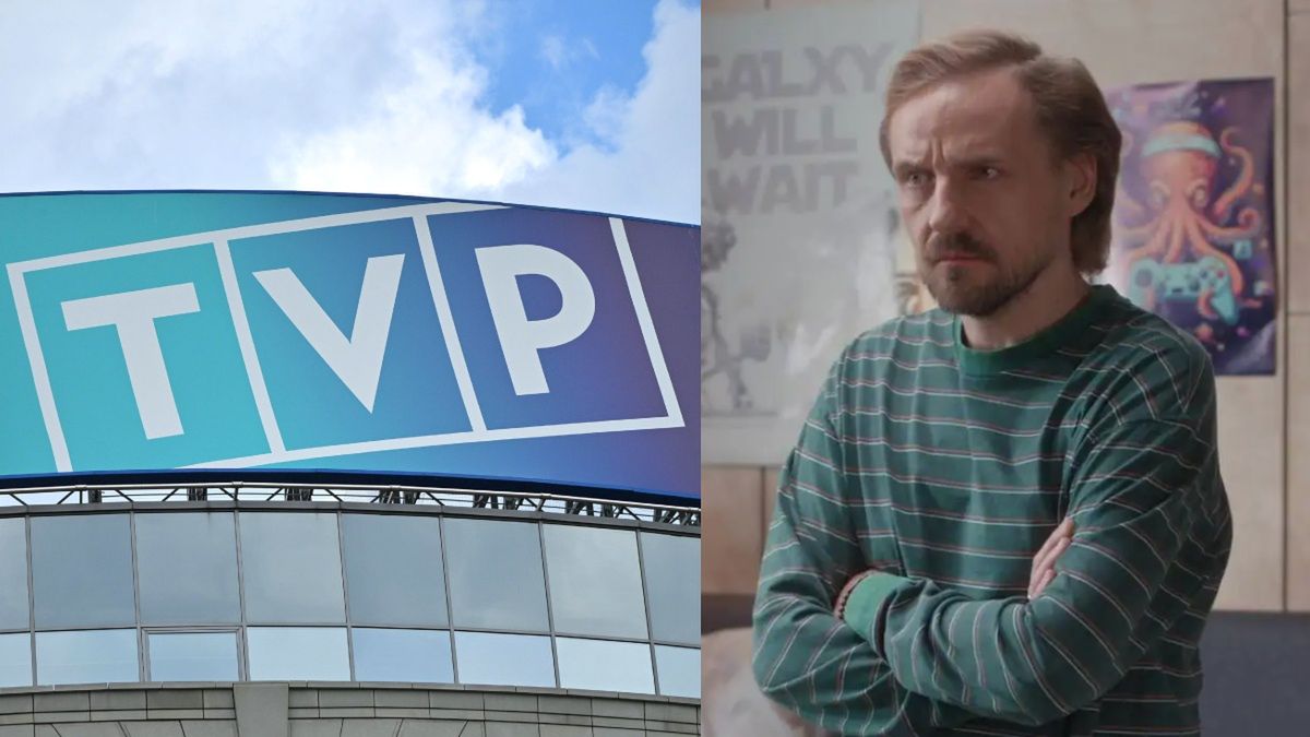 Kadr z serialu "Pan Mama", logo TVP