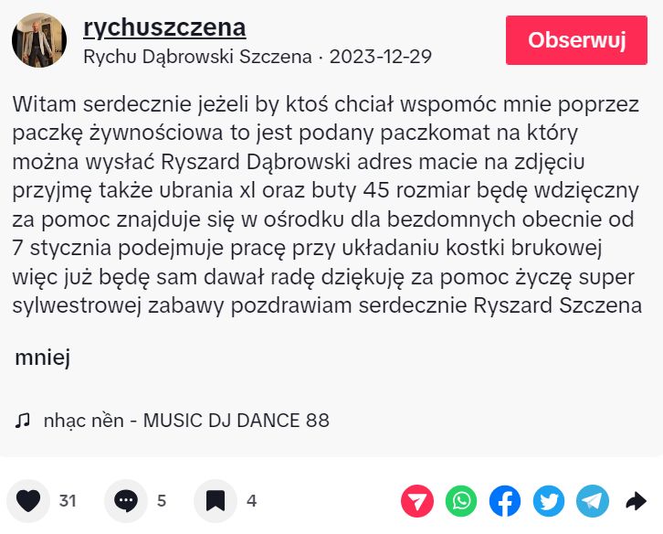 Ryszard "Szczena" o swojej sytuacji życiowej