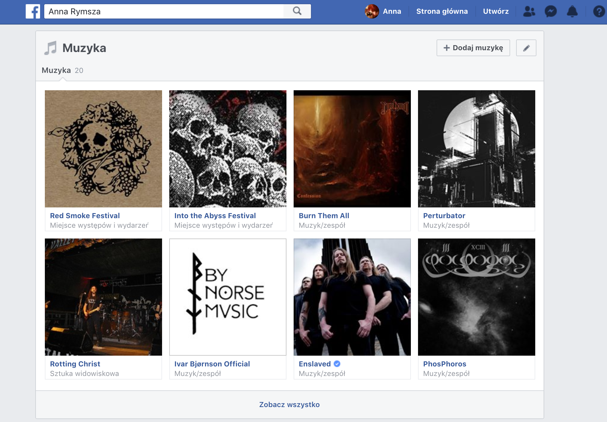 Moja sekcja „Muzyka” na Facebooku
