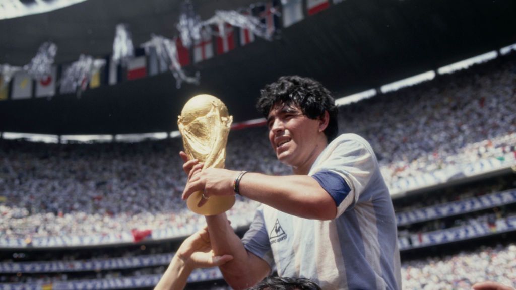 Argentina Wins FIFA World Cup
Argentine professional football player Diego Armando Maradona (1960 - 2020) holds the World Cup trophy after Argentina defeated West Germany 3-2 during the 1986 FIFA World Cup Final match at the Azteca Stadium in  Mexico City, Mexico, 29th June 1986. (Photo by Bongarts/Getty Images)
Bongarts
huty31284