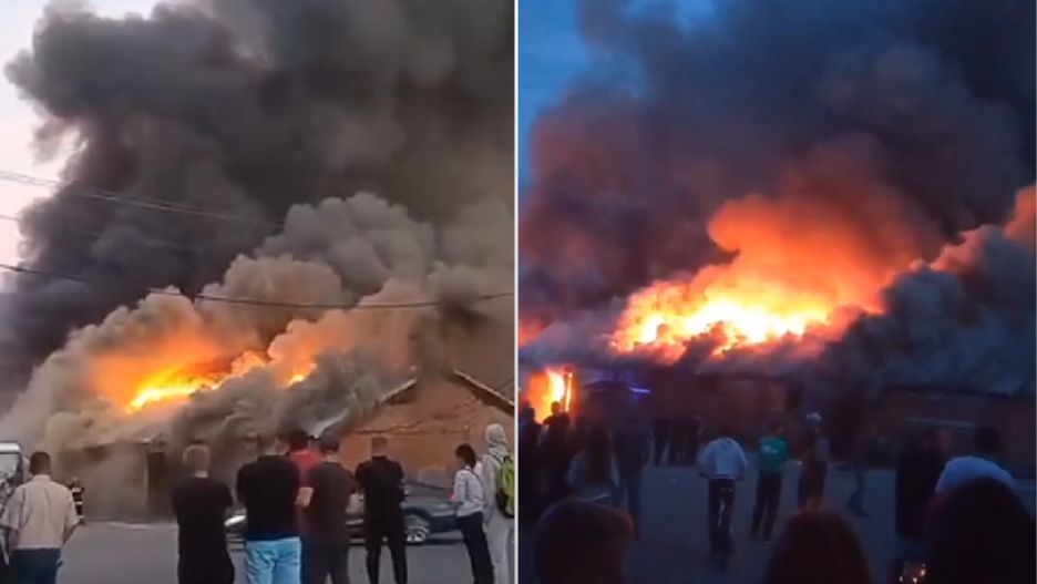 Wielki pożar w obwodzie lwowskim. Kłęby dymu i słup ognia.