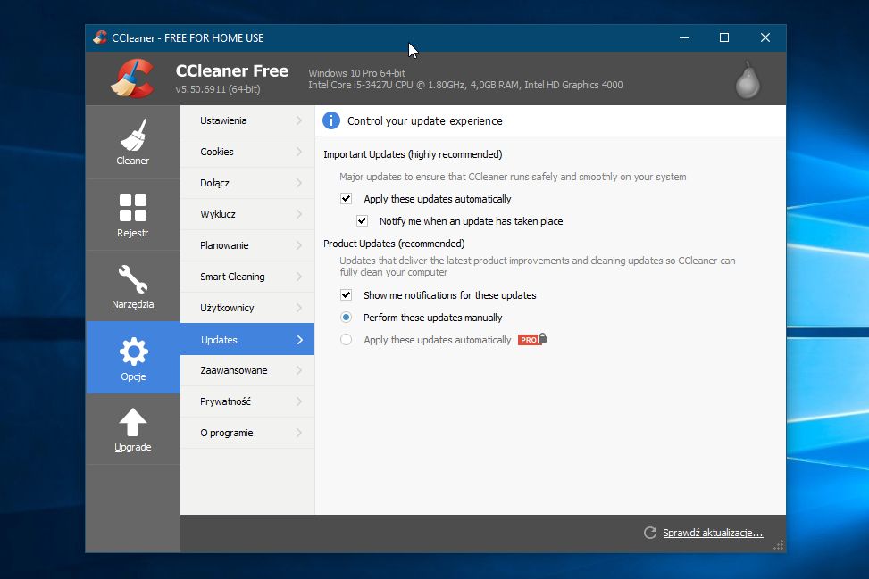 ustawienia aktualizacji CCleanera