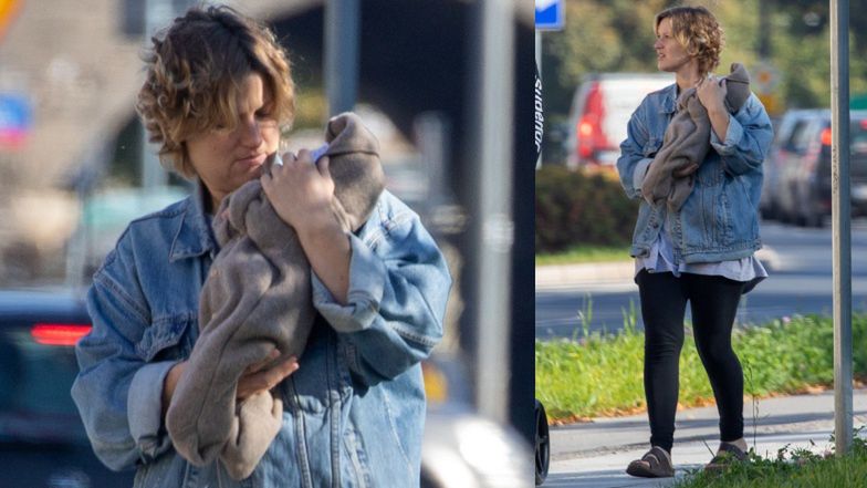 Aleksandra Domańska na spacerze z partnerem i dzieckiem