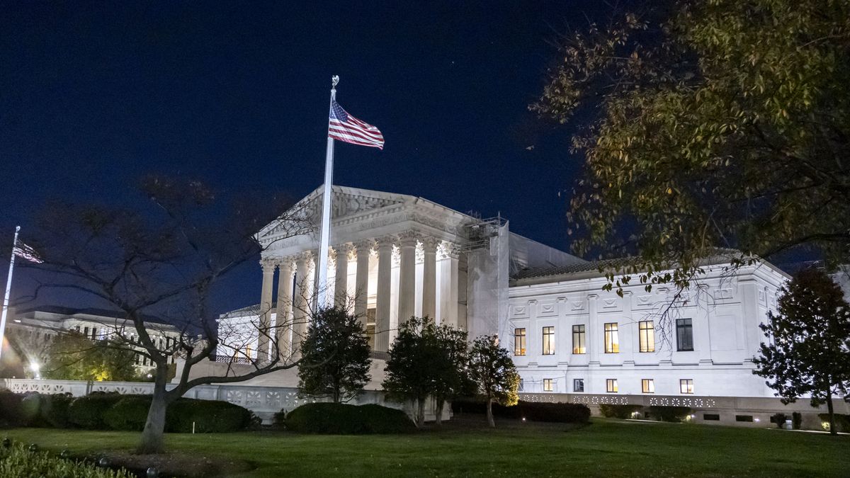 Night view of the Supreme Court of the United States known as SCOTUS in Washington D.C.The Main Entrance with lights, the West Facade with the marble Pediment and the inscription EQUAL JUSTICE UNDER LAW. The Supreme Court Building illuminated during the night. The historical building houses the Supreme Court of the United States, referred to as The Marble Palace, the building serves as the official workplace of the Chief Justice of the United States and the eight associate justices of the Supreme Court. It is located at 1 First Street in Northeast Washington, D.C., in the block immediately east of the United States Capitol and north of the Library of Congress. The building is managed by the Architect of the Capitol and is designated a National Historic Landmark The Supreme Court is the highest court in the federal judiciary of the United States. It has ultimate appellate jurisdiction over all federal court cases, and over state court cases that involve a point of U.S. Constitutional or federal law. Washington DC, USA on November 8, 2024 (Photo by Nicolas Economou/NurPhoto via Getty Images)