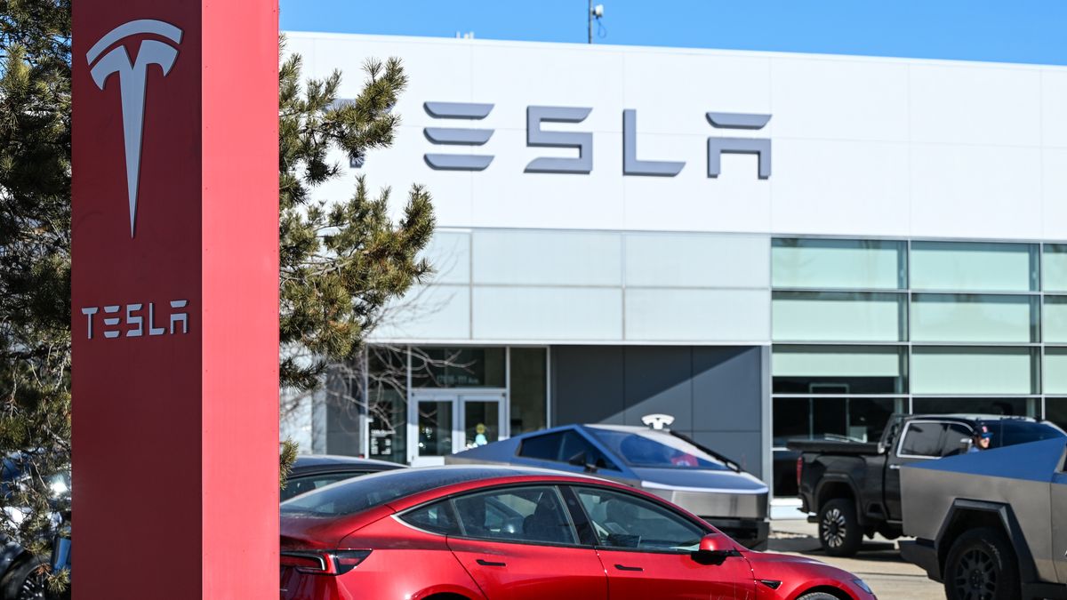 EDMONTON, CANADA  MARCH 22:
Tesla cars parked outside a Tesla dealership during a rally in support of those in the U.S. impacted by Elon Musk's political involvement and his advisory role to U.S. President Donald Trump, in Edmonton, Alberta, Canada, on March 22, 2025. 
Similar demonstrations took place across Canada, fueled by Musk's influence on Trump's policies, including recent tariffs on Canadian goods and his controversial remarks about Canada's place in North America, sparking widespread frustration and resistance internationally. (Photo by Artur Widak/NurPhoto via Getty Images)