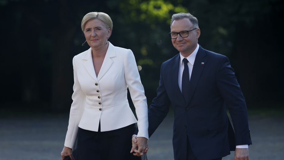 THE HAGUE, NETHERLANDS - JUNE 24: Andrzej Duda, President of Poland, and first lady Agata Kornhauser-Duda arrive as NATO leaders and spouses attend a dinner hosted by the king and queen of the Netherlands during the 2025 NATO Summit on June 24, 2025 at Huis ten Bosch Palace in The Hague, Netherlands. This year's NATO summit, which brings together heads of state and government from across the military alliance, is being held in the Netherlands for the first time. Among other matters, members are to approve a new defense investment plan that raises the target for defense spending to 5% of GDP. (Photo by Omar Havana/Getty Images)