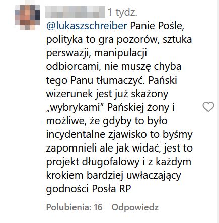 Łukasz Schreiber ocenia działalność żony  i uderza we freak fighty