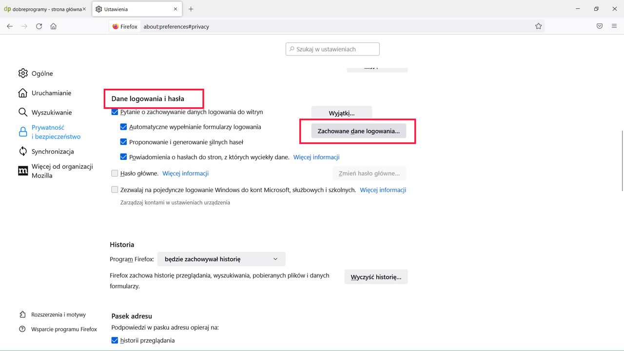 Firefox: Dane logowania i hasła, klikamy Zachowane dane...
