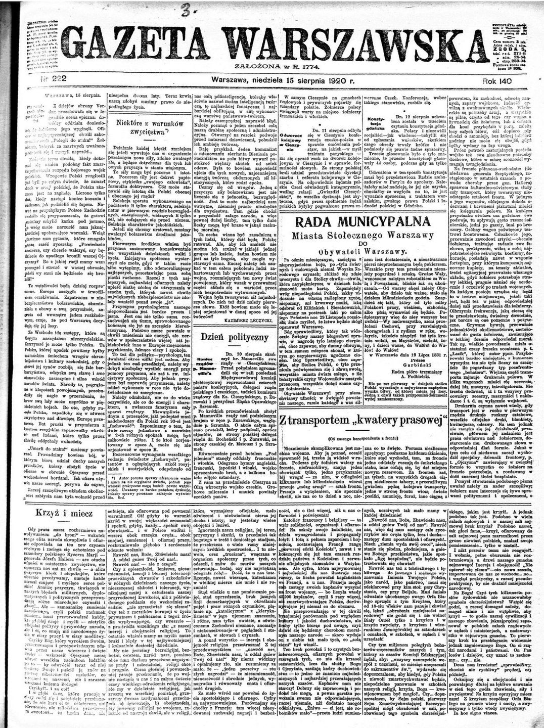 "Gazeta Warszawska" z dnia 15 sierpnia 1920 roku