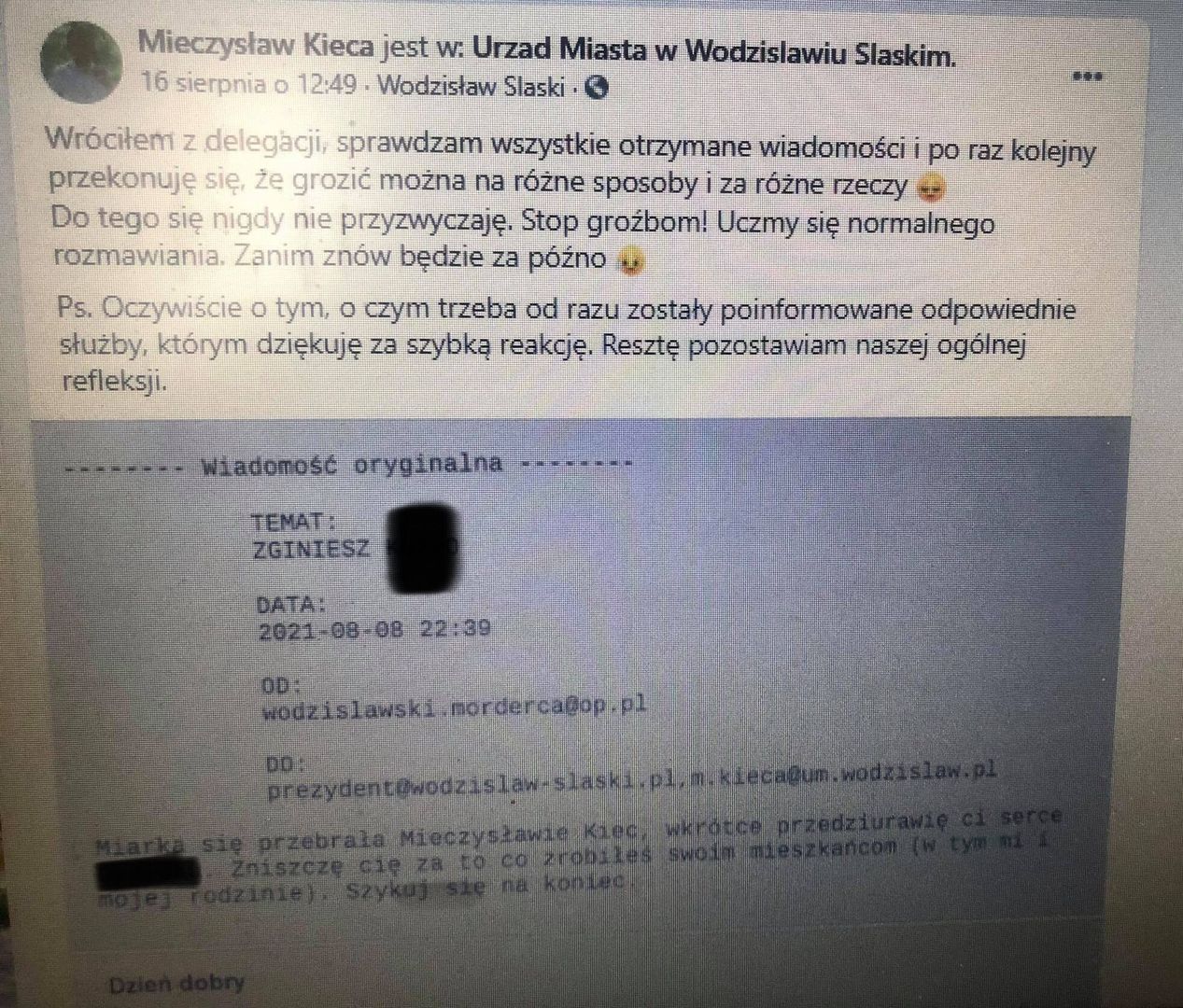 Prezydent Wodzisławia śl. dostaje pogróżki "Przedziurawię Ci serce"