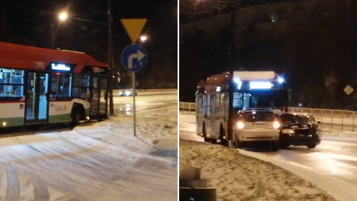 Autobus najpierw zatrzymał się na latarni, a potem staranował dwa auta