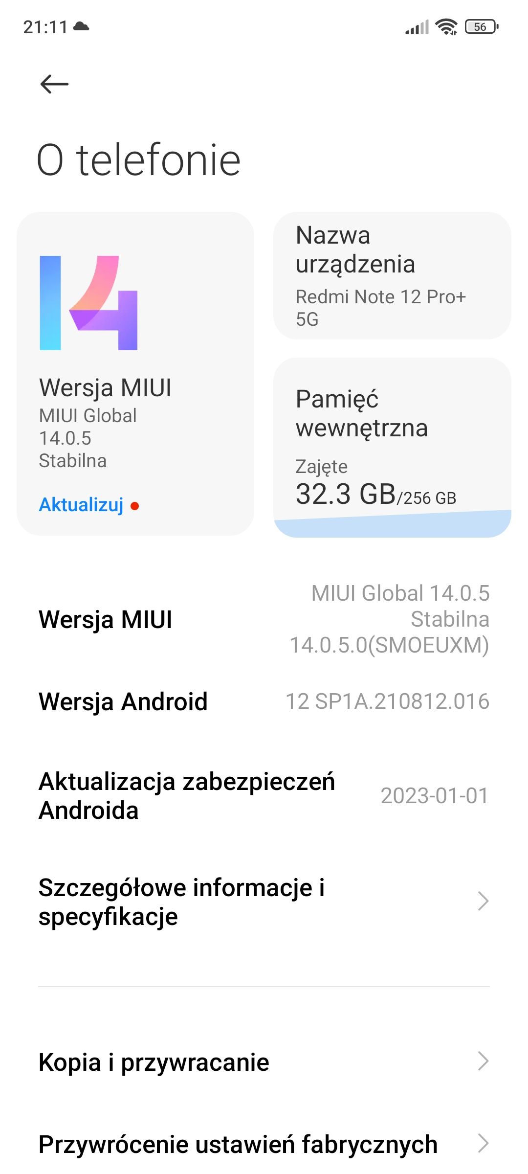 MIUI 14, ale Android 12, warto to zauważyć. Po instalacji z 256 GB pamięci masowej trzeba odjąć około 30 GB w tym pamięć przeznaczoną na rozszerzenie RAM. Domyślnie jest to 3 GB, a może być 2 lub 5 i wyłączone.
