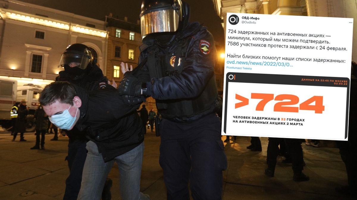 Zatrzymanie w Petersburgu. Tylko w środę 2 marca rosyjskie służby miały zatrzymać 724 protestujących przeciwko wojnie