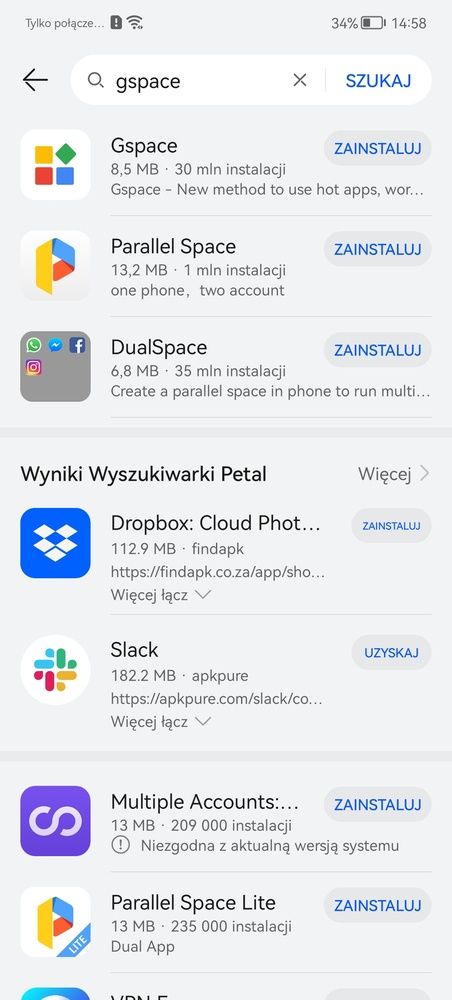 Kolejne kroki wdrażania środowiska GMS za pomocą GSpace na telefonie z HMS. Najpierw instalacja z AppGallery, aplikacji i dodatkowych plików