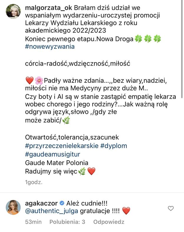Julia Królikowska ZOSTAŁA LEKARZEM! Małgorzata Ostrowska-Królikowska pochwaliła się zdjęciami z promocji