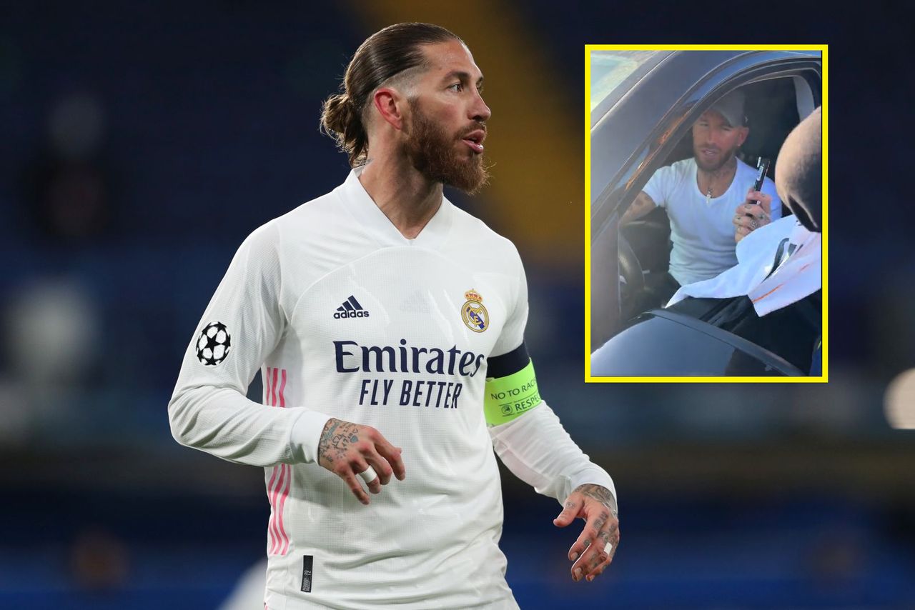 The text translates to: "In the picture, Sergio Ramos is playing during a game for Real Madrid."