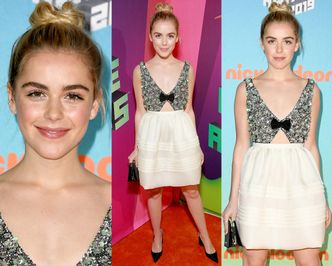 Urocza Kiernan Shipka w bogato zdobionej sukience Miu Miu