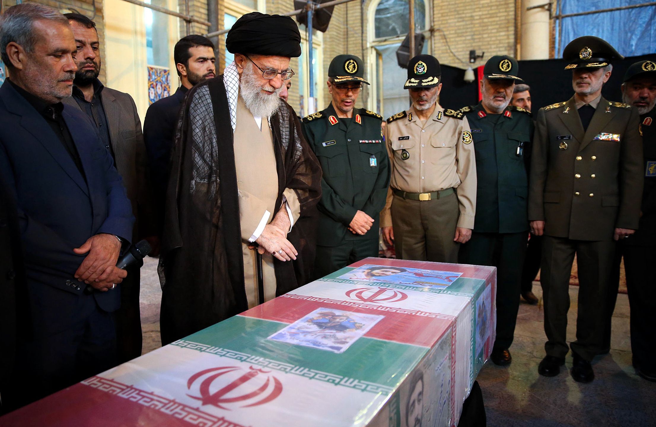 TEHRAN, IRAN - ARCHIVE: (----EDITORIAL USE ONLY - MANDATORY CREDIT - 'IRANIAN LEADER PRESS OFFICE / HANDOUT' - NO MARKETING NO ADVERTISING CAMPAIGNS - DISTRIBUTED AS A SERVICE TO CLIENTS----) A file photo dated September 27, 2017 shows Iranian Chief of Staff Mohammad Bagheri (4th R), Iran's Supreme Leader Ali Khamenei (2nd L), and Deputy Chief of General Staff Abdolrahim Mousavi (3rd R) attending the funeral ceremony held for Mohsen Hojaji, a member of the Iranian Islamic Revolutionary Guard Corps (IRGC), who was killed in the clashes in Syria, in Tehran, Iran. Assassination attempt targeted Iranian Chief of Staff Mohammad Bagheri during Israel's Tehran attacks. (Photo by Iranian Leader Press Off. / Handout/Anadolu via Getty Images)