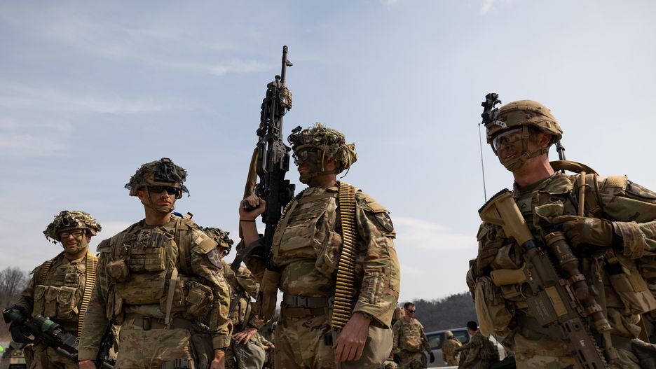 U.S. soldiers from the 2nd Infantry Division, Stryker Battalion, prepare for a joint live-fire exercise with South Korean army at Rodriguez Range in Pocheon, South Korea, on Wednesday, March 22, 2023. South Koreas defense ministry said in a statement Wednesday that the country plans to hold its largest-ever live-fire drills with the US in June in a move certain to anger North Korea, which has ramped up its provocations to new levels in response to recent military exercises. Photographer: SeongJoon Cho/Bloomberg via Getty Images