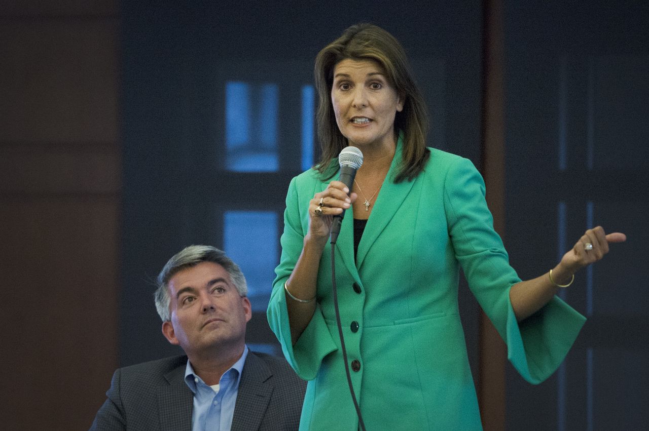 GREENWOOD VILLAGE, CO - AUGUST 19: U.S. Senator Cory Gardner, left, listens as Nikki Haley, right, former UN Ambassador and former South Carolina Governor, talks during a private campaign rally for Gardner in The Dome at AMG on August 19, 2019 in Greenwood Village Colorado. (Photo by Helen H. Richardson/MediaNews Group/The Denver Post via Getty Images) 11