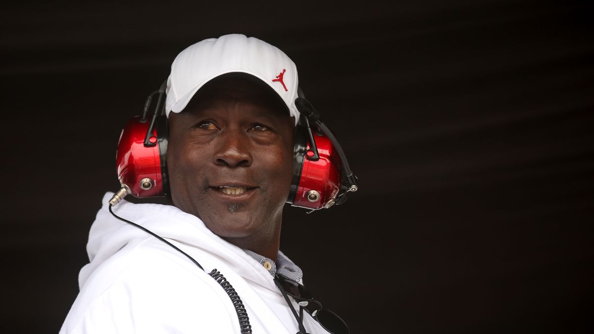 TALLADEGA, ALABAMA - APRIL 23: Michael Jordan, NBA Hall of Famer and co-owner of 23XI Racing, looks on from the 23XI Racing pit box during the NASCAR Cup Series GEICO 500 at Talladega Superspeedway on April 23, 2023 in Talladega, Alabama. (Photo by James Gilbert/Getty Images)