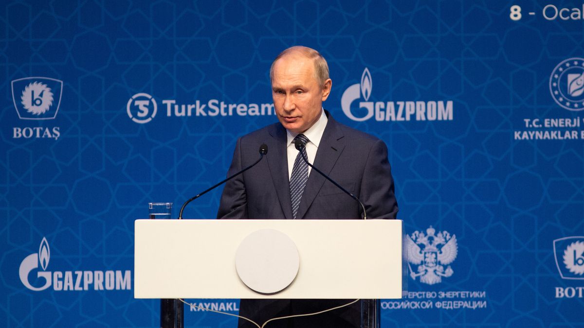 Vladimir Putin, Russia's president, speaks during the inauguration ceremony for the TurkStream natural gas pipeline, operated by Gazprom PJSC and Botas AS, in Istanbul, Turkey, on Wednesday, Jan. 8, 2020. TurkStream is set to carry Russian gas under the Black Sea to Turkey and supply several countries in southeast Europe once fully operational, just as U.S. sanctions stall another Gazprom PJSC export line. Photographer: Kerem Uzel/Bloomberg via Getty Images