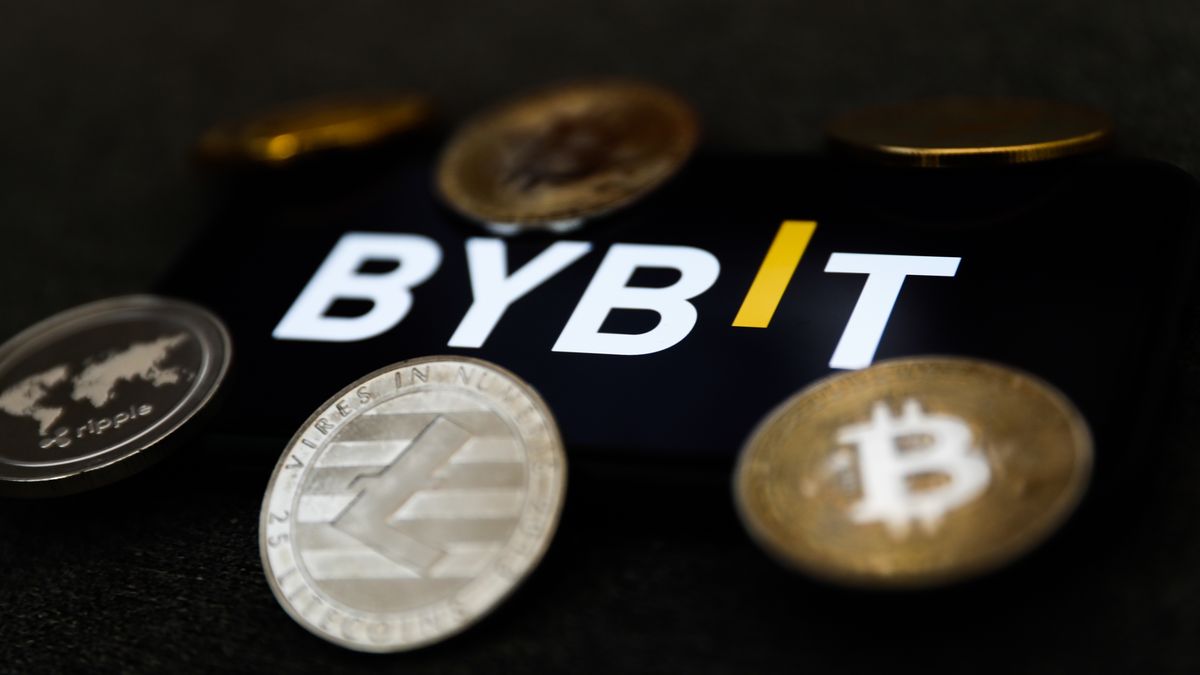 Bybit logo displayed on a phone screen and representation of cryptocurrency are seen in this illustration photo taken in Krakow, Poland on February 16, 2022. (Photo illustration by Jakub Porzycki/NurPhoto via Getty Images)