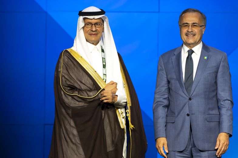 Prince Abdulaziz bin Salman, Saudi Arabia's energy minister, left, and Amin Nasser, chief executive officer of Saudi Aramco, during the 24th World Petroleum Congress in Calgary, Alberta, Canada, on Monday, Sept. 18, 2023. The conference includes about 500 speakers who will tackle topics including decarbonizing hydrogen production and indigenous participation in net zero efforts. Photographer: Gavin John/Bloomberg via Getty Images