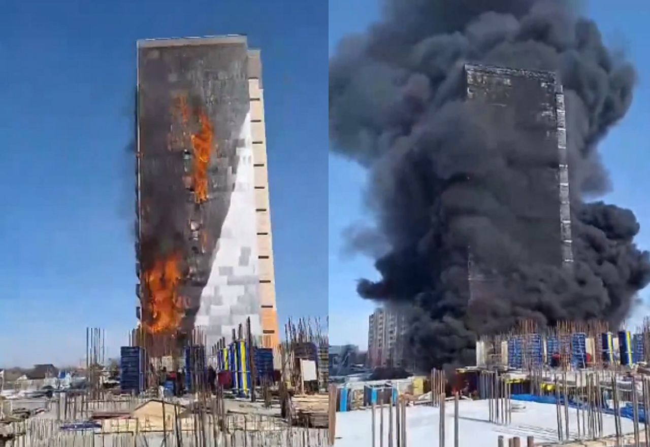 Large fire in Russia. A modern building was ablaze.