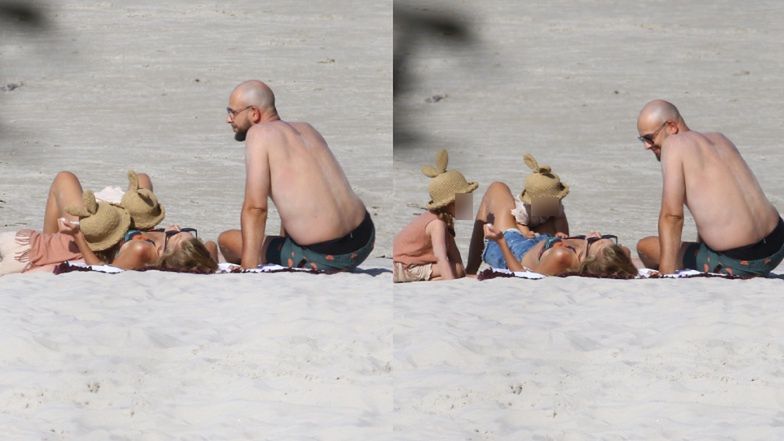 Agnieszka Kaczorowska z rodziną na plaży