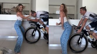 Frywolna Agnieszka Włodarczyk WYGINA SIĘ przed pedałującym na rowerze Robertem Karasiem