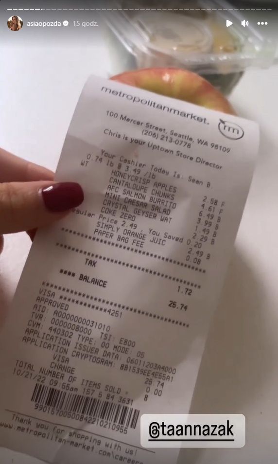 Joanna Opozda pokazała paragon z amerykańskiego supermarketu