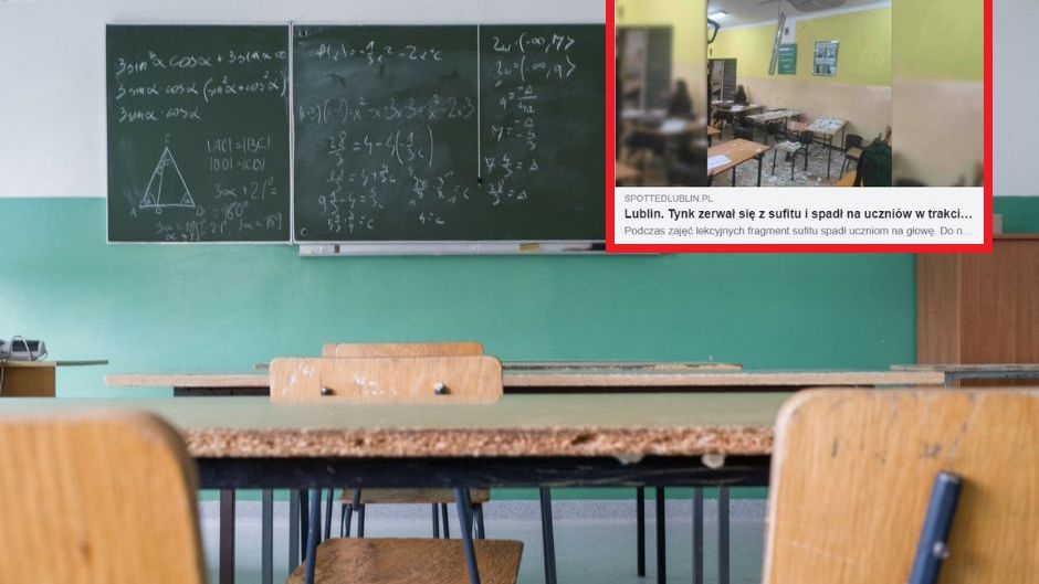 Chwile grozy na lekcji. Na uczniów spadł tynk z tufitu